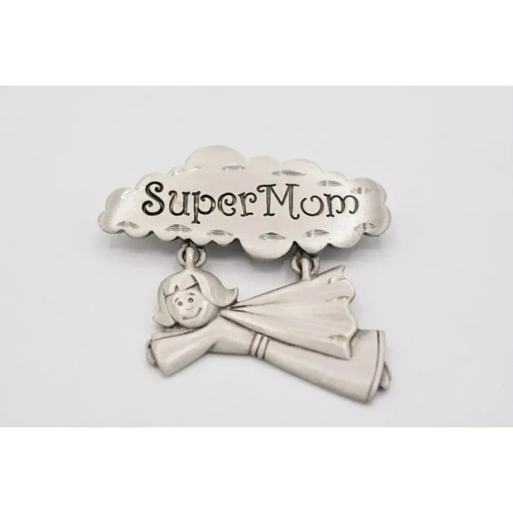 Spoontiques Vintage Mother's Day Pin Brooch SUPER MOM Hero Signed 80s BinAL